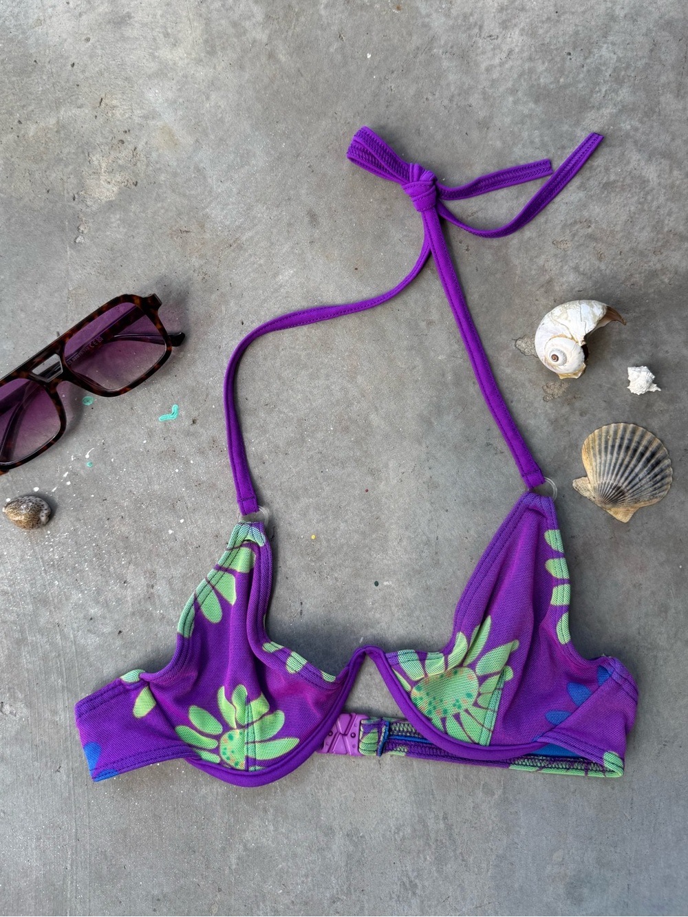 Vintage Body Glove Purple & Green Floral halter tie up underwire Bikini Top